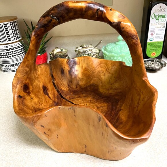 Vintage Hand Carved Wood Basket Tree Bowl Brown with Handle Handmade Rustic Farm - Picture 7 of 12
